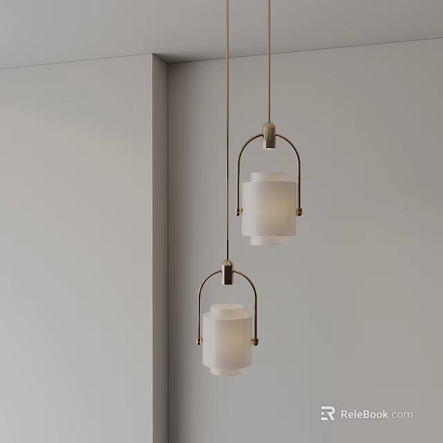 Modern Minimalist Pendant Lights With White Cylindrical Shades And Brass Frames Hanging In Corner 3d model 