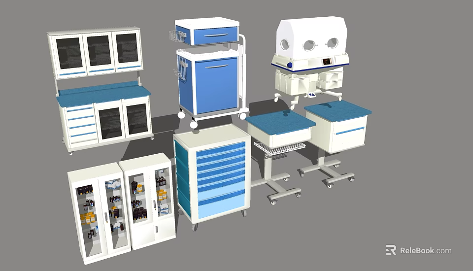 Functional Modern Medical Equipment Including Storage Cabinets Carts And Worktables 3d model 