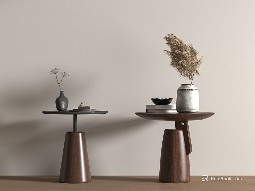 Modern Wooden Side Tables with Decorative Vases Books and Black Bowl 3d model 
