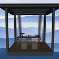 Wooden Tea Table and Chairs with Round Stools and Tea Sets and Pink Flowers