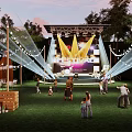 Campsite With Stage String Lights And People Enjoying Evening Music Event On Grass