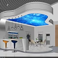 Modern High Tech Exhibition Hall Featuring Curved Design Blue Lighting Display Stands And Interactive Screens