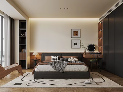 Modern Bedroom Interior With Bed Nightstand Table Lamp Wall Art Dressing Table Bookshelves And Rug 3d model