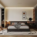 Modern Bedroom Interior With Bed Nightstand Table Lamp Wall Art Dressing Table Bookshelves And Rug