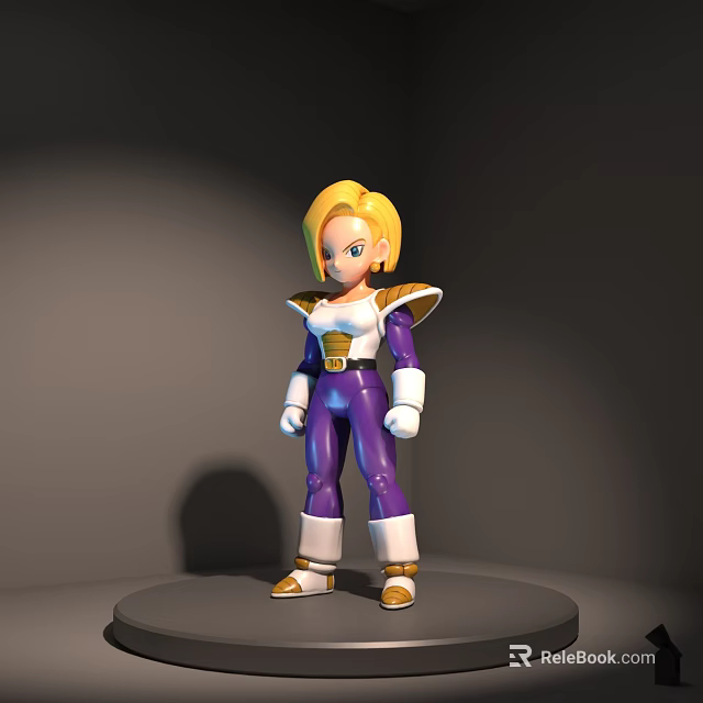 Blonde Hair Blue Eyes Doll Wearing Purple White Outfit with Gold Accents on Gray Platform 3d model 
