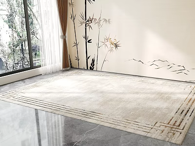 Square Rug In Living Room With Bamboo Mountain Mural 3d model