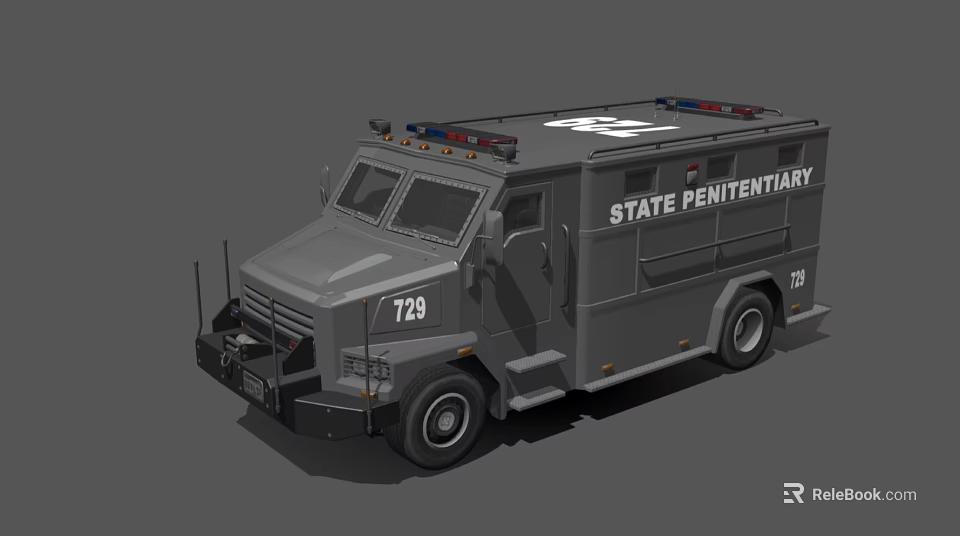 Gray State Penitentiary Utility Vehicle With Number 729 And Emergency Lights 3d model 