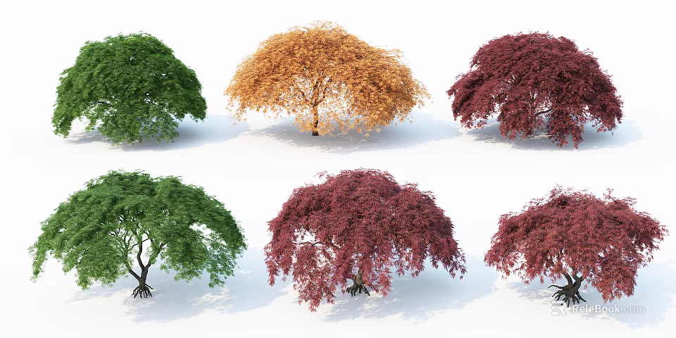 Multiple Colored Arbor Trees With Green Orange Red Foliage And Diverse Shapes 3d model 