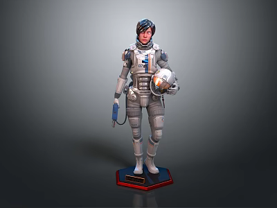 Game Movie Character Wearing Detailed Spacesuit Holding Helmet Standing On Red Black Base 3d model