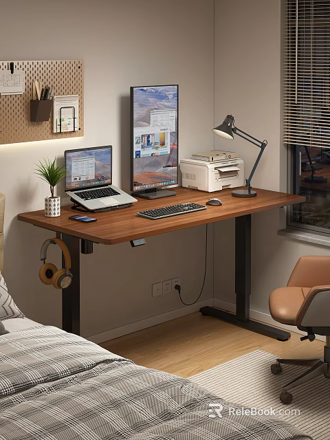 Modern Wooden Home Office Desk With Laptop Monitor Printer Lamp Phone And Potted Plant 3d model 