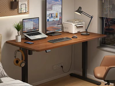 Modern Wooden Home Office Desk With Laptop Monitor Printer Lamp Phone And Potted Plant 3d model