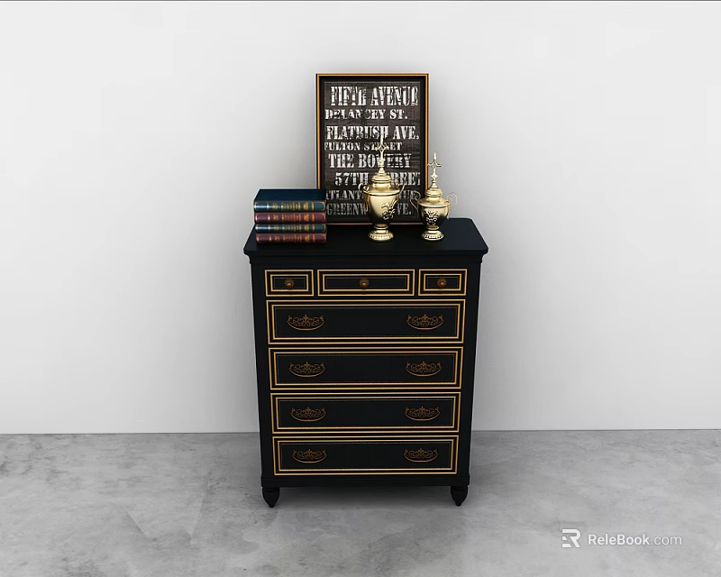 Classic Entryway Side Cabinet With Multiple Drawers Books And Gold Candle Holders 3d model 