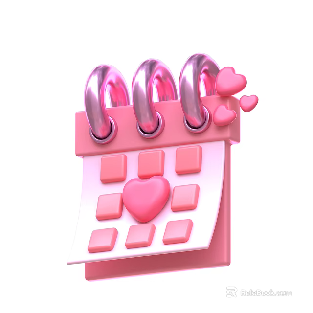Pink Decorative Calendar With Ring Binder And Heart Shapes On Pages 3d model 