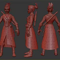 3D Traditional Character Model In White Gray Orange Green With Topknot Weapon And Multiple Angles