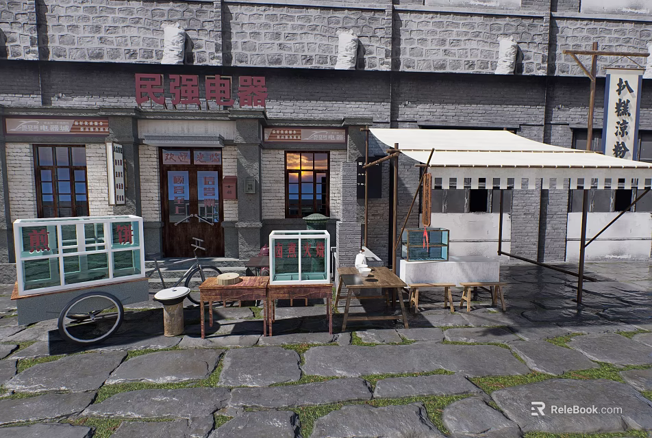 Vintage Public Electrical Store Building With Stone Brick Wall Canopy Outdoor Tables And Bicycle 3d model 
