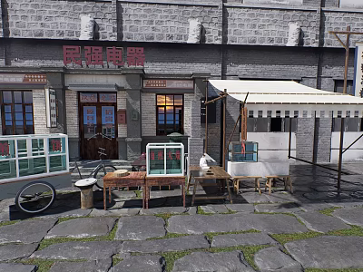 Vintage Public Electrical Store Building With Stone Brick Wall Canopy Outdoor Tables And Bicycle 3d model