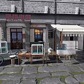 Vintage Public Electrical Store Building With Stone Brick Wall Canopy Outdoor Tables And Bicycle
