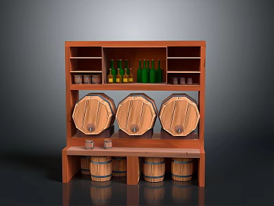 Wooden Wine Rack Furniture With Barrels Shelves And Bottles 3d model