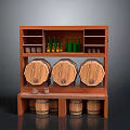Wooden Wine Rack Furniture With Barrels Shelves And Bottles