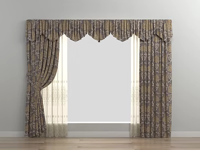 Classic Patterned Curtains With Scalloped Valance And Sheer Undercurtains For Window 3d model
