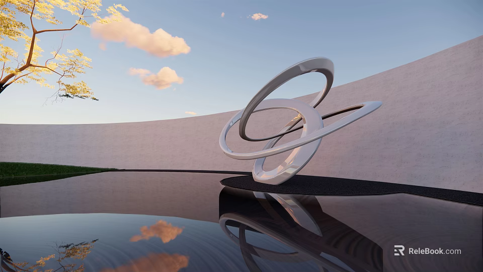 Outdoor Modern Metal Sculpture With Circular Rings Reflecting In Pool By White Wall 3d model 