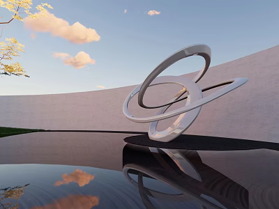 Outdoor Modern Metal Sculpture With Circular Rings Reflecting In Pool By White Wall 3d model