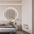 Modern Bedroom Interior With Circular Backlit Wall Decor Bedside Lamp And Potted Plant
