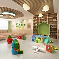 Bright Kindergarten Classroom with Cloud Shaped Lights Yellow Walls and White Round Tables
