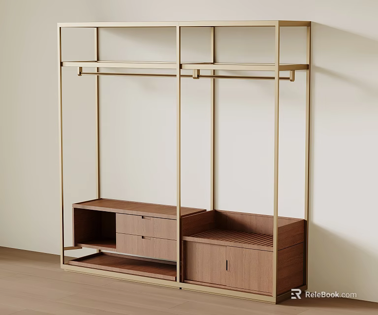 Modern Gold Metal Frame Clothes Rack With Wooden Storage Drawers And Shelves 3d model 