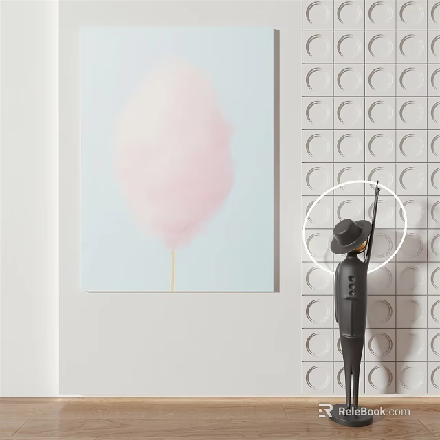 Pink Cotton Candy Artwork with Black Sculpture Holding Ring on Circular Pattern Wall 3d model