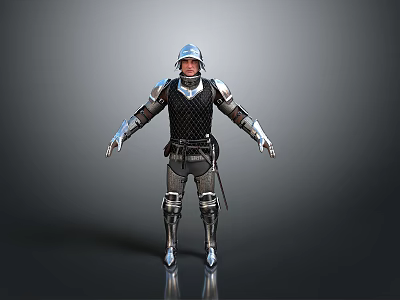 Person In Metallic Silver And Black Armor Standing On Reflective Surface 3d model