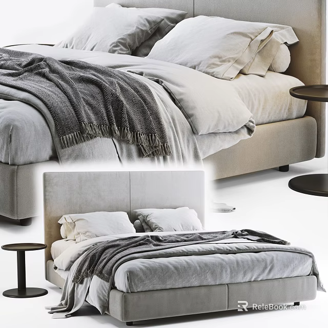 Modern Double Bed With Soft Linen Pillows Gray Blanket And Bedside Table 3d model