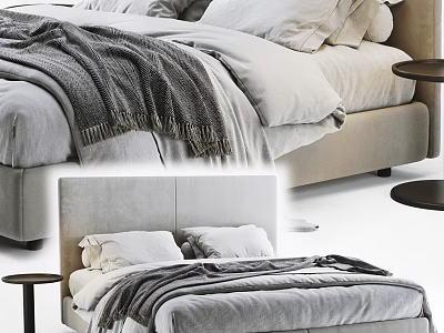 Modern Double Bed With Soft Linen Pillows Gray Blanket And Bedside Table 3d model