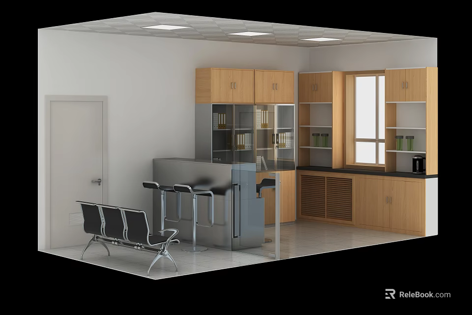 Modern Reception Desk Area With Wooden Cabinets And Waiting Chairs 3d model 
