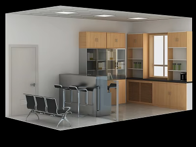 Modern Reception Desk Area With Wooden Cabinets And Waiting Chairs 3d model