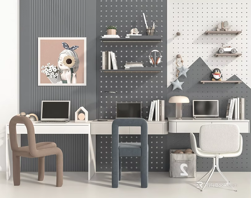 Modern Desk Chair Set in Workspace with Brown Blue White Chairs Shelves Wall Decor 3d model 
