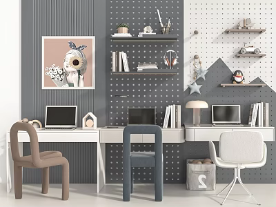 Modern Desk Chair Set in Workspace with Brown Blue White Chairs Shelves Wall Decor 3d model