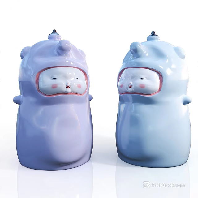 Cute Decorative Ornament Set Purple And Light Blue Cartoon Character Glossy Ceramic With Smiling Faces 3d model 