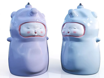 Cute Decorative Ornament Set Purple And Light Blue Cartoon Character Glossy Ceramic With Smiling Faces 3d model