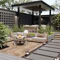 Courtyard Garden Design With Covered Patio Cozy Sofas Lush Green Plants And Stone Flooring