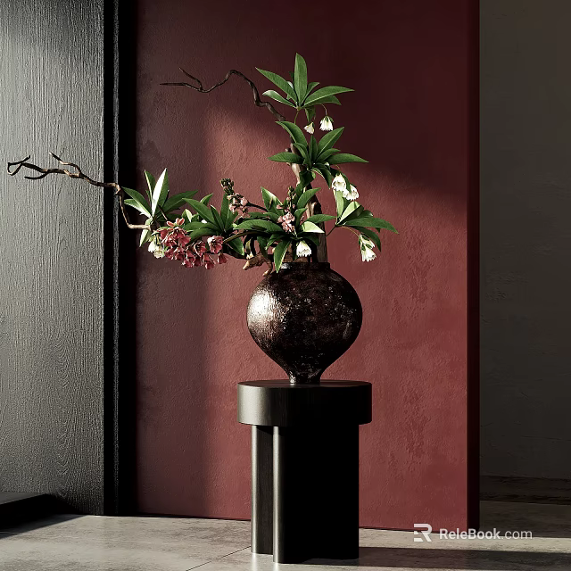 Dark Vase With Green Leaves White Pink Blooms On Black Pedestal By Red Dark Walls 3d model 
