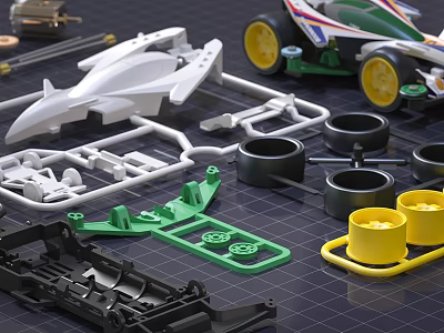 Electric Toy Car Parts With Chassis Wheels And Multi Color Plastic Assembly Components 3d model