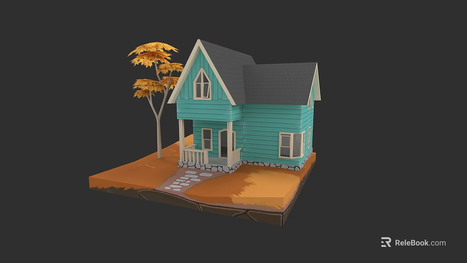 Charming Blue Detached House With Gray Roof Yellow Tree And Stone Pathway 3d model 