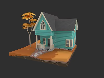 Charming Blue Detached House With Gray Roof Yellow Tree And Stone Pathway 3d model