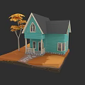 Charming Blue Detached House With Gray Roof Yellow Tree And Stone Pathway