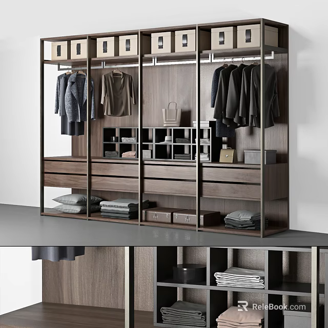 Modern Wooden Wardrobe Design With Metal Frame Hanging Clothes Drawers And Storage Compartments 3d model 
