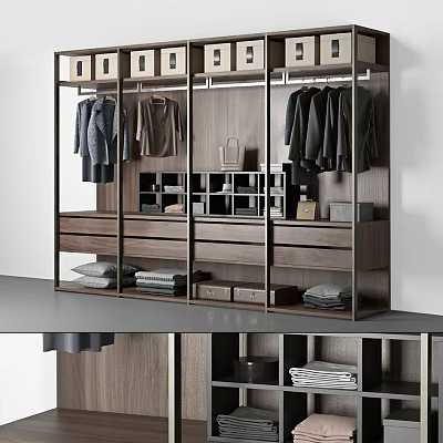 Modern Wooden Wardrobe Design With Metal Frame Hanging Clothes Drawers And Storage Compartments 3d model