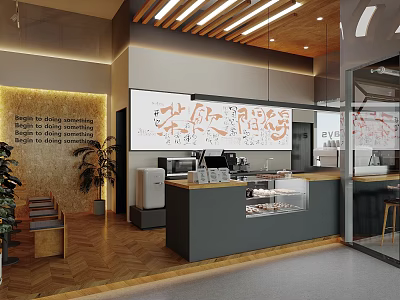 Modern Bubble Tea Shop Interior With Stylish Bar Counter Drink Displays And Green Plants 3d model