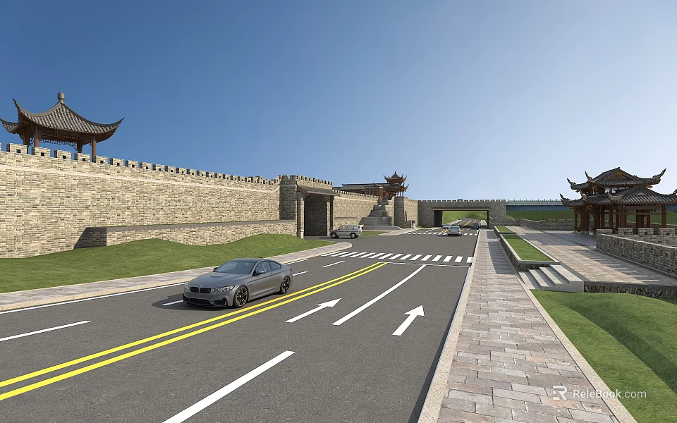 Road Facilities With Traditional Architecture Lane Lines Directional Arrows And Stone Sidewalk 3d model 