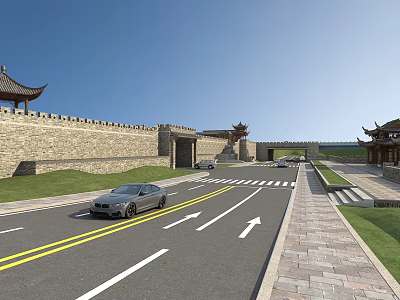 Road Facilities With Traditional Architecture Lane Lines Directional Arrows And Stone Sidewalk 3d model